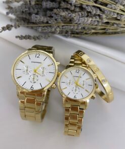 Gold Taşlı Metal Kordon Çift Saati