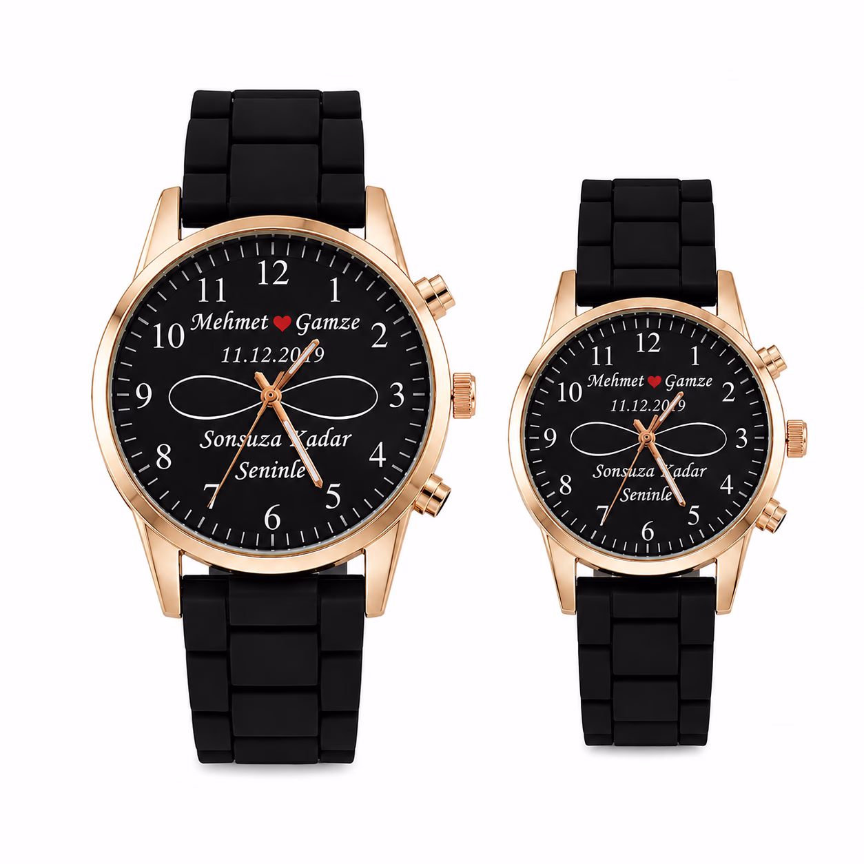 Siyah Rose Gold Sert Silikon Kordon Çift Saatleri