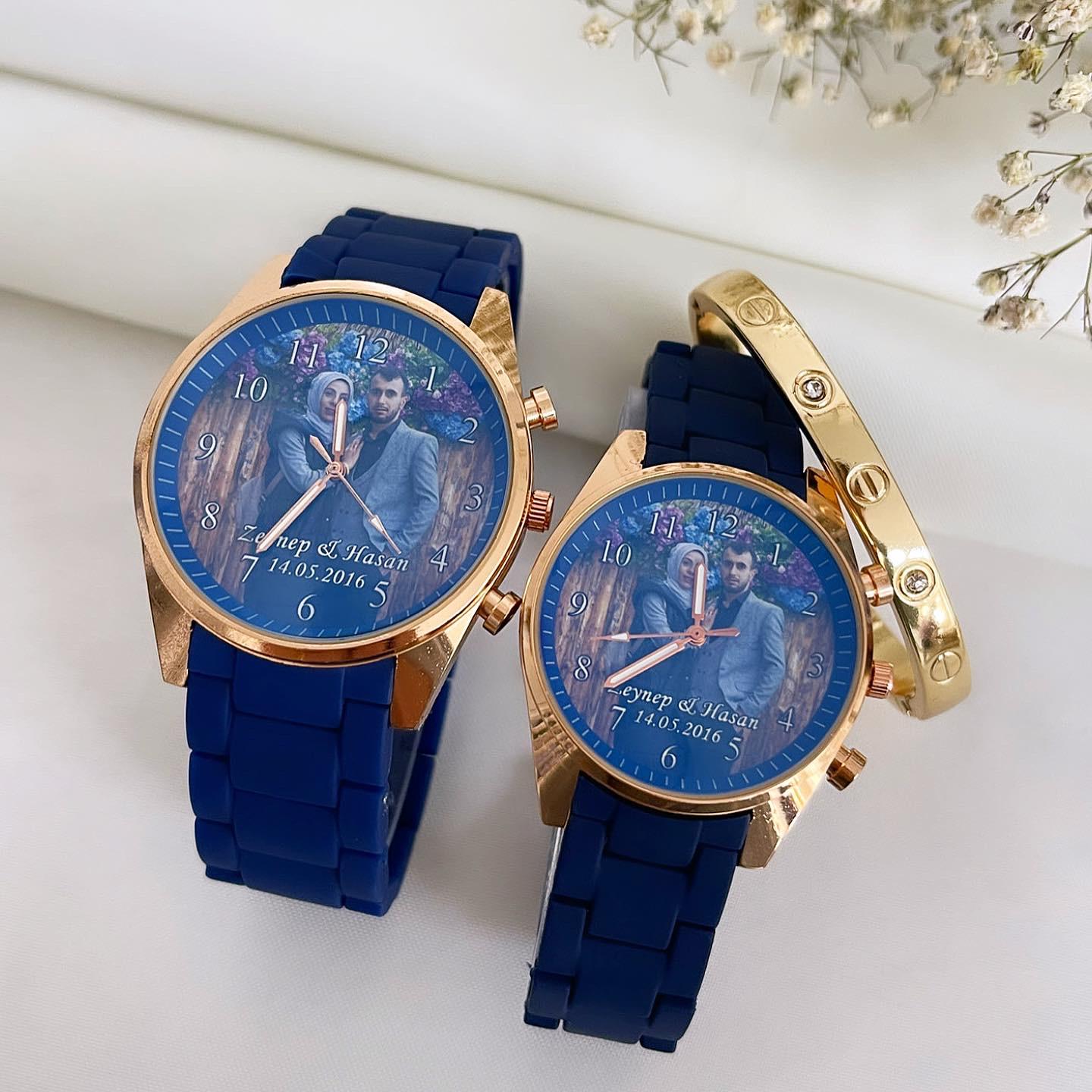 Lacivert Rose Gold Resimli Sert Silikon Kordon Çift Saatleri - Görsel 2