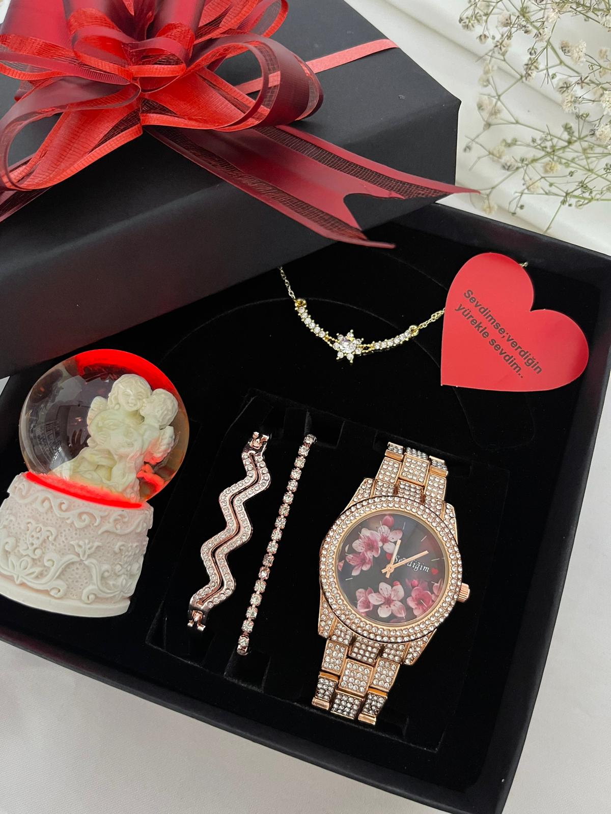 Rose Gold Hediye Kare Saat Set Kutu