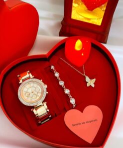 Rose M. Kors Saat Kalp Mumlu Hediye Kalp Saat Set Kutu