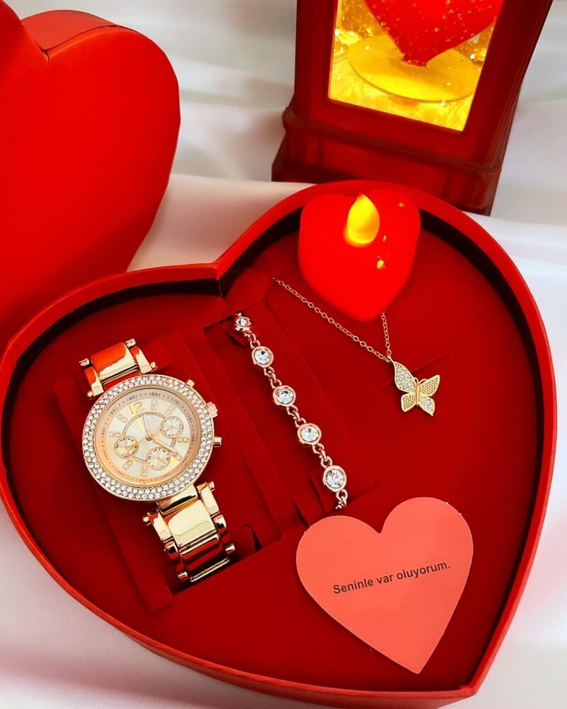 Rose M. Kors Saat Kalp Mumlu Hediye Kalp Saat Set Kutu