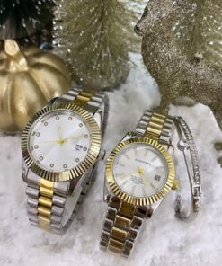 Gold Gümüş Metal Kordon Çift Saati