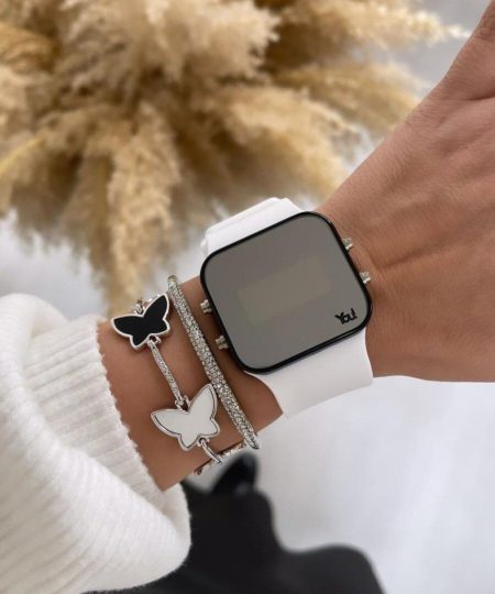 Beyaz Siyah Dijital Tuşlu Kare Led Unisex Saat