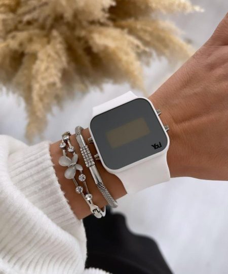 Beyaz Dijital Tuşlu Kare Led Unisex Saat