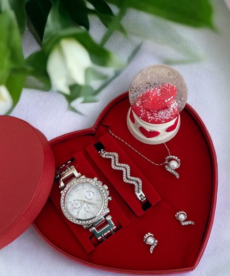 Gümüş Taşlı Saat Bileklik Kolye ve Küpe Hediyeli Kalp Set Kutu