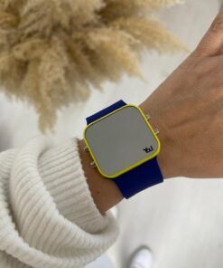 Lacivert Sarı Dijital Tuşlu Kare Led Unisex Saat