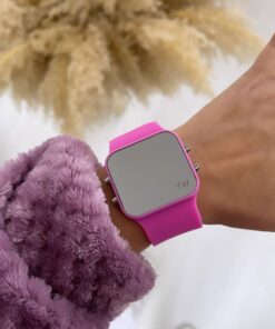 Pembe Dijital Tuşlu Kare Led Unisex Saat