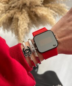 Kırmızı Siyah Dijital Tuşlu Kare Led Unisex Saat