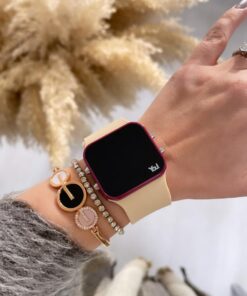 Bej-Bordo Dijital Tuşlu Kare Led Unisex Saat