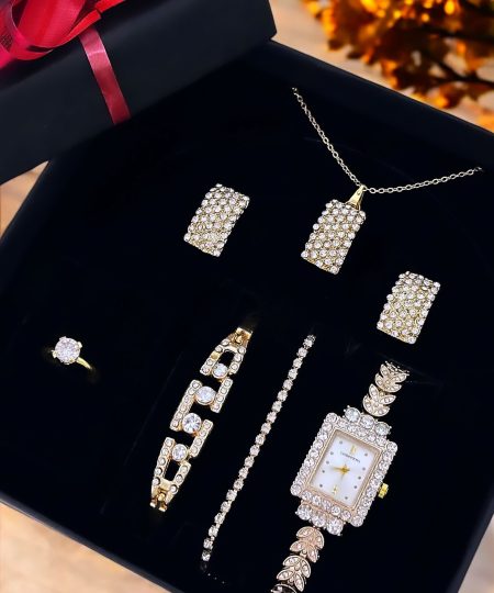 Dikdötgen Taşlı Saat Bileklik Kolye ve Küpe Hediyeli Kare Set Kutu